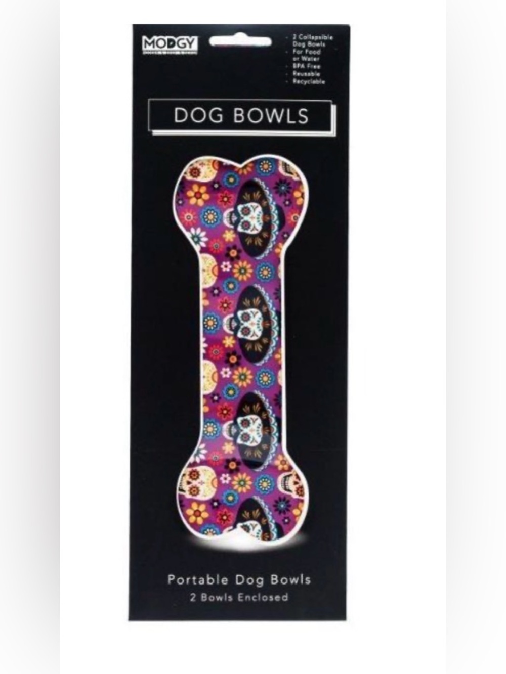 Day of the Dead Bone collapsible Dog Bowls Purple Pink Floral